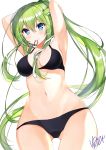  1girl absurdres alternate_hairstyle armpits arms_up artist_name ass_visible_through_thighs bad_id bad_pixiv_id bangs bare_arms bare_shoulders bikini black_bikini blue_eyes blush breasts commentary_request eyebrows_visible_through_hair frog_hair_ornament green_hair groin hair_between_eyes hair_ornament hair_tie hair_tie_in_mouth heart highres kochiya_sanae long_hair long_ponytail looking_at_viewer medium_breasts mouth_hold navel nenobi_(nenorium) ponytail sidelocks signature simple_background smile snake_hair_ornament solo stomach swimsuit thighs touhou translated tying_hair very_long_hair white_background 