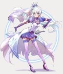  1girl adapted_costume blue_eyes coattails detached_sleeves dress elbow_gloves gloves high_heels highres iesupa long_hair ponytail rapier rwby scar scar_across_eye side_ponytail solo sword thighhighs tiara weapon weiss_schnee white_hair 