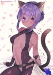  1girl animal_ears bed_sheet belt black_leotard blush breasts cat_ears cat_tail center_opening fake_animal_ears fate/grand_order fate/prototype fate/prototype:_fragments_of_blue_and_silver fate_(series) fingerless_gloves gloves hair_between_eyes hairband hassan_of_serenity_(fate) heart heart-shaped_pupils leggings leotard looking_at_viewer medium_breasts on_bed purple_eyes purple_hair solo suzuho_hotaru symbol-shaped_pupils tail translated twitter_username 
