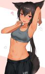  1girl ? animal_ears arm_up armpits bangs black_hair black_pants blush breasts commentary dark_skin fang flying_sweatdrops groin hair_between_eyes highres long_hair looking_at_viewer mathew_(srmmk_mce) medium_breasts midriff navel open_mouth original pants red_eyes simple_background solo sports_bra sportswear sweat tail very_long_hair 