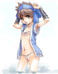  1girl :o ainu_clothes armpits arms_up bangs bare_shoulders blue_hairband blush blush_stickers bracer breasts brown_eyes brown_hair clenched_hand commentary_request hair_ornament hairband hand_on_head japanese_clothes looking_at_viewer navel open_clothes open_mouth rimururu samurai_spirits short_hair simple_background small_breasts solo standing stupa13a surprised teeth uncensored wading water white_background wrist_guards 
