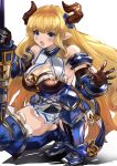  1girl armored_boots ass_visible_through_thighs blonde_hair blue_eyes boots breasts cleavage draph granblue_fantasy horns lance large_breasts maou_(maoudaisukiya) open_mouth planted_weapon pointy_ears polearm rastina squatting thighhighs thighs weapon white_background 