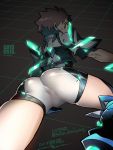  1boy arm_support ass ass_focus boots brown_eyes brown_hair dated fujimoto_hideaki grid looking_at_viewer looking_back male_focus neon_trim on_floor perineum rex_(xenoblade_2) short_jumpsuit short_sleeves skin_tight xenoblade_(series) xenoblade_2 