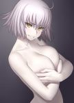  1girl ahoge bangs blush breasts collarbone commentary_request covering covering_breasts eyebrows_visible_through_hair fate/grand_order fate_(series) grin highres jeanne_d&#039;arc_(alter)_(fate) jeanne_d&#039;arc_(fate)_(all) large_breasts looking_at_viewer minazuki_juuzou nude pale_skin short_hair silver_hair simple_background smile solo teeth yellow_eyes 