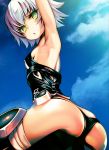  1girl arm_up armpits ass black_legwear black_panties breasts bustier commentary_request covered_nipples day fate/apocrypha fate_(series) green_eyes highleg highleg_panties highres jack_the_ripper_(fate/apocrypha) outdoors panties parted_lips purusawa short_hair sideboob silver_hair sitting skindentation sky small_breasts solo string_panties thighhighs underwear 