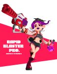  1girl :d artist_name bandana black_shorts boots breasts crop_top cross-laced_footwear full_body groin highres holding jacket lace-up_boots leg_up long_sleeves looking_at_viewer medium_breasts medium_hair navel octarian octoling open_clothes open_jacket open_mouth otoboke-san purple_hair rapid_blaster_pro_(splatoon) red_eyes red_footwear shorts smile solo splatoon_(series) splatoon_2 standing standing_on_one_leg suction_cups tentacle_hair toxic_mist_(splatoon) unzipped zipper zipper_pull_tab 
