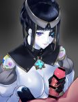  azami_(xenoblade) black_hair blue_eyes blush breasts brooch censored fingernails gloves handjob headband highres jewelry large_breasts long_fingernails mechanical_eye negresco no_nipples penis puffy_sleeves puppet purple_eyes single_glove victorian xenoblade_(series) xenoblade_2 