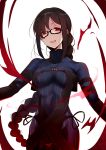  absurdres arm_ribbon black_ribbon blood blood_from_mouth blood_on_face braided_ponytail consort_yu_(fate) dress ear_piercing earrings fate/grand_order fate_(series) glasses highres jewelry kujou_ichiso long_hair looking_at_viewer looking_down piercing red_eyes ribbon simple_background smile solo standing strapless strapless_dress tagme very_long_hair white_background 