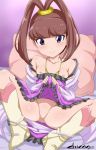  1girl amano_nene anus bangs bar_censor bare_shoulders bed_sheet blunt_bangs blush body_blush boots breasts brown_hair censored collarbone digimon digimon_xros_wars dress dress_lift eyebrows_visible_through_hair frilled_dress frills high_ponytail highres jacket jewelry lifted_by_self lips long_sleeves necklace nipples off_shoulder panties panty_pull pillow purple_dress purple_eyes purple_jacket purple_panties pussy shikapu shiny shiny_hair shiny_skin signature small_breasts smile solo split_ponytail spread_legs underwear 