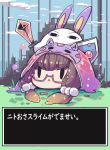  2girls :&lt; animal_ears blush_stickers brown_hair bubble bubble_slime cloak commentary dragon_quest eyebrows_visible_through_hair fate/grand_order fate_(series) glasses hair_ornament highres hood hooded_cloak iguana_henshuu-chou jackal_ears low_twintails medjed multiple_girls nitocris_(fate/grand_order) nitocris_(swimsuit_assassin)_(fate) osakabe-hime_(fate/grand_order) pixel_art semi-rimless_eyewear shield slime_knight sword translated twintails under-rim_eyewear weapon |_| 