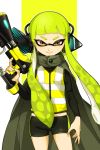  1girl bangs bike_shorts black_cape black_shirt black_shorts blunt_bangs brown_eyes cape closed_mouth commentary_request domino_mask green_hair headgear hero_shot_(splatoon) holding holding_weapon inkling jacket long_hair long_sleeves looking_at_viewer mask midriff pillarboxed shirt short_shorts shorts single_vertical_stripe smile solo splatoon_(series) splatoon_1 squidbeak_splatoon standing tentacle_hair weapon yellow_background yellow_jacket yeneny 