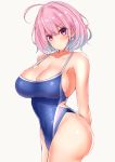  1girl ahoge arms_behind_back bangs bare_shoulders blue_hair blue_swimsuit blush breasts cleavage closed_mouth collarbone commentary_request covered_navel highleg highleg_swimsuit highres hip_focus idolmaster idolmaster_cinderella_girls large_breasts looking_at_viewer multicolored_hair one-piece_swimsuit pill_earrings pink_eyes pink_hair sankakusui short_hair simple_background solo strap_gap swimsuit two-tone_hair white_background yumemi_riamu 