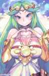  1girl bare_shoulders blue_sky blush breasts cleavage closed_mouth commentary dress english_commentary eric_muentes green_eyes green_hair heart heart_hands jewelry kid_icarus kid_icarus_uprising large_breasts long_hair looking_at_viewer medallion outdoors palutena sky smile solo standing tiara twitter_username upper_body very_long_hair white_dress 