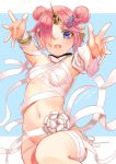  1girl :d bandages blue_eyes breasts character_name double_bun fate/grand_order fate_(series) frankenstein&#039;s_monster_(fate) hair_ornament hair_over_one_eye highres kuune_(muttey-myg) looking_at_viewer naked_bandage navel open_mouth outstretched_arms pink_hair short_hair small_breasts smile solo 