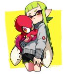  1girl animal bangs black_shorts blush cropped_legs dated domino_mask green_hair grey_sweater gym_shorts head_tilt holding holding_animal inkling light_frown logo long_hair long_sleeves looking_at_viewer mask octoling octopus outside_border pointy_ears red_eyes shorts splatoon_(series) splatoon_2 standing sweater tentacle_hair yellow_background yeneny 