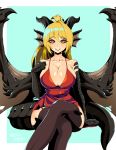  1girl absurdres blonde_hair breasts choker cleavage commentary crossed_legs dragon_girl dragon_horns dragon_tail dragon_wings dress garter_straps highres horns hourglass large_breasts long_hair orange_eyes original ponytail red_dress reddgeist scales smile solo tail thighhighs wide_hips wings 
