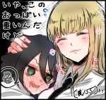  2girls ^_^ bags_under_eyes bangs black_hair black_neckwear blonde_hair blunt_bangs blush breasts cheek-to-breast cheek_squash closed_eyes drawn_flower drooling embarrassed eyebrows_visible_through_hair flying_sweatdrops full-face_blush green_eyes hair_between_eyes hand_on_another&#039;s_head head_on_chest heartbeat katou_asuka kuroki_tomoko large_breasts long_hair looking_at_viewer mei_(watamote12) multiple_girls necktie open_mouth portrait saliva school_uniform shirt smile sparkle spoken_squiggle squiggle sweat translated watashi_ga_motenai_no_wa_dou_kangaetemo_omaera_ga_warui! yuri 