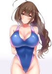  1girl ahoge arms_behind_back bangs bare_shoulders blue_swimsuit blush braid breasts brown_eyes brown_hair cleavage closed_mouth collarbone commentary_request covered_navel highleg highleg_swimsuit highres hip_focus idolmaster idolmaster_shiny_colors kuwayama_chiyuki large_breasts long_braid long_hair looking_at_viewer one-piece_swimsuit sankakusui simple_background single_braid smile solo swimsuit white_background 