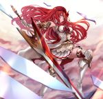  1girl armor bangs bare_shoulders blue_eyes boots breasts closed_mouth commentary_request gauntlets godguard_brodia granblue_fantasy hair_between_eyes hair_ornament highres hinahino holding holding_sword holding_weapon long_hair looking_at_viewer red_hair skirt solo standing sword thighhighs very_long_hair weapon 