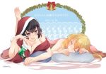  2girls abenattou arm_support bed_sheet bell blank_eyes blonde_hair blush bow breasts brown_eyes brown_hair caesar_(girls_und_panzer) carpaccio christmas_stocking cleavage closed_eyes commentary dated eyebrows_visible_through_hair girls_und_panzer happy_birthday hat holding leg_up looking_at_viewer lying medium_breasts multiple_girls nude on_bed on_stomach open_mouth parted_lips pillow red_bow red_headwear red_scarf santa_hat scarf smile snowflake_print translated twitter_username under_covers white_background wreath yuri 
