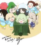  6+girls :d aki_(girls_und_panzer) alligator_costume anchovy arm_up arms_up artist_name bandages bangs black_hair black_ribbon blonde_hair blue_eyes blue_headwear blue_shirt blush boko_(girls_und_panzer) box brown_hair cardboard_box child closed_eyes closed_mouth commentary_request covering_mouth drill_hair eyebrows_visible_through_hair fang followers girls_und_panzer green_eyes green_hair hair_tie hands_on_headwear holding holding_stuffed_animal itsumi_erika jinguu_(4839ms) jumping katyusha kindergarten_uniform light_brown_eyes light_brown_hair long_hair long_sleeves looking_at_viewer mika_(girls_und_panzer) mikko_(girls_und_panzer) mouth_hold multiple_girls navy_blue_shirt navy_blue_skirt nonna open_mouth pleated_skirt red_hair ribbon riding_crop rosehip school_uniform shadow shimada_arisu shirt short_hair short_twintails signature silver_hair skirt smile socks standing striped striped_legwear stuffed_animal stuffed_toy swept_bangs teddy_bear thank_you translated twin_drills twintails wide_sleeves wooden_floor yellow_skirt younger 