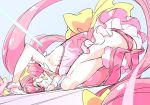  1girl absurdres armpits ass bare_legs blush bracelet choker clenched_teeth commentary_request covered_nipples cure_star dogeza earrings hair_ornament high_heels highres hoshina_hikaru jewelry leotard long_hair magical_girl niko_(tama) pink_eyes pink_hair pink_leotard precure skirt solo star star_twinkle_precure tears teeth twintails 