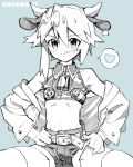  1boy adonis_belt animal_ears blue_background bulge cow_boy cow_ears cow_horns dated ear_tag enotou_(enotou_moi) greyscale hands_on_hips heart horns jacket licking_lips looking_at_viewer male_focus monochrome off_shoulder original shorts shota sidelocks simple_background sitting smile solo spoken_heart thighhighs tongue tongue_out ushi-kun_(enotou_(enotou_moi)) 