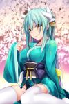  1girl aqua_hair bangs blush breasts cherry_blossoms collarbone commentary_request dragon_horns eyebrows_visible_through_hair fate/grand_order fate_(series) green_hair hair_between_eyes horns japanese_clothes kimono kiyohime_(fate/grand_order) long_hair looking_at_viewer medium_breasts parted_lips sen_(astronomy) sitting solo thighhighs white_horns white_legwear wide_sleeves yellow_eyes 