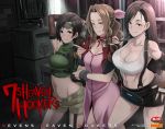  3girls abs aerith_gainsborough arm_up artist_name black_eyes black_hair breasts brown_eyes brown_hair butcha-u cleavage commentary_request condom_wrapper cover cover_page crop_top cropped_jacket crossed_legs doujin_cover doujinshi dress eyelashes final_fantasy final_fantasy_vii forehead_protector green_eyes jacket large_breasts long_hair looking_at_viewer medium_breasts miniskirt multiple_girls open_fly parted_lips pink_dress red_jacket short_hair skirt smile standing suspenders tank_top tifa_lockhart toned yuffie_kisaragi 