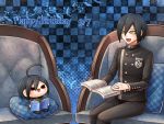  1boy :d ahoge black_hair black_jacket black_pants blue_background book character_doll checkered checkered_background checkered_pillow danganronpa hair_between_eyes happy_birthday holding jacket long_sleeves male_focus new_danganronpa_v3 open_book open_mouth pants saihara_shuuichi short_hair sitting smile solo striped vertical-striped_jacket vertical-striped_pants vertical_stripes yellow_eyes yumaru_(marumarumaru) 