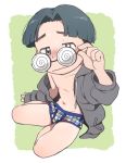  1boy adjusting_eyewear aqua_hair blush bob_cut briefs coke-bottle_glasses eyebrows glasses grey_eyes hood hoodie looking_at_viewer opaque_glasses original shirtless shota solo sweatdrop taremayuzou underwear 