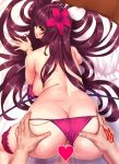  1girl all_fours anus areolae ass ass_grab bare_shoulders bikini blush bracelet breasts censored fate/grand_order fate_(series) flower garters hair_flower hair_ornament hayama_kazusa heart heart_censor hetero hibiscus highres jewelry large_breasts long_hair looking_at_viewer looking_back nipples open_mouth purple_bikini purple_eyes purple_hair scathach_(fate)_(all) scathach_(fate/grand_order) scathach_(swimsuit_assassin)_(fate) sex sideboob sweat swimsuit topless vaginal very_long_hair 