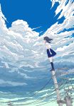  1girl black_hair blue_legwear blue_sailor_collar blue_skirt blue_sky cloud cloudy_sky commentary_request facing_away from_below highres kneehighs on_top_of_pole original outstretched_arm pleated_skirt pointing pointing_up sailor_collar scenery school_uniform serafuku seraphitalg shirt skirt sky solo standing telephone_pole white_shirt wide_shot wind 