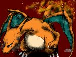  blue_eyes charizard claws closed_mouth creatures_(company) dragon fangs fire from_above full_body game_freak gen_1_pokemon japanese_text looking_at_viewer looking_up nintendo no_humans pokemon pokemon_(creature) red_background simple_background smoke solo standing sunaxet tail translation_request watermark wings 