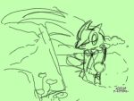  creatures_(company) froakie full_body game_freak gen_6_pokemon green green_background half-closed_eyes japanese_text monochrome nintendo no_humans pokemon pokemon_(creature) sitting sketch solo sunaxet translation_request watermark 