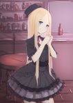  1girl abigail_williams_(fate/grand_order) alternate_costume bangs black_dress black_hat blonde_hair blush bottle closed_mouth commentary_request cowboy_shot dress eyebrows_visible_through_hair fate/grand_order fate_(series) forehead hands_together hands_up hat head_tilt highres indoors interlocked_fingers jilu long_hair own_hands_together parted_bangs purple_eyes smile solo standing table tilted_headwear very_long_hair 