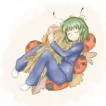  1girl :3 alternate_costume antennae bangs blue_pajamas blue_pants blue_shirt bug eyebrows_visible_through_hair eyes_closed full_body green_hair highres insect ladybug leaf long_sleeves object_hug pajamas pants penu-san shirt short_hair socks solo touhou wriggle_nightbug 