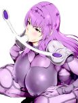  1girl blush bodysuit breasts censored curvy erect_nipples eyelashes fate/grand_order fate_(series) female kneeling large_breasts long_hair looking_down mozu-k pose purple_hair red_eyes scathach_(fate)_(all) scathach_(fate/grand_order) shiny shiny_skin shoulder_pads solo spread_legs spreading sweat wide_hips 