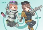  2girls :d absurdres ankle_boots antyobi0720 bangs beret black_gloves black_hat black_legwear black_pants body_armor boots brown_eyes brown_hair brown_jacket character_name closed_mouth commentary_request ela_(rainbow_six_siege) emblem eyebrows_visible_through_hair fingerless_gloves girls_und_panzer gloves goggles goggles_on_headwear green_background green_gloves grey_footwear grey_hat grey_jacket grey_shorts gun hand_holding handgun harness hat headphones highres holding holding_gun holding_weapon holster hood hoodie jacket jumping knee_pads legwear_under_shorts light_blush long_sleeves looking_at_viewer military_hat multiple_girls nishizumi_maho nishizumi_miho open_mouth pants pantyhose partial_commentary pinky_out rainbow_six_siege short_hair short_shorts shorts siblings sisters smile standing target thigh_holster trigger_discipline weapon weapon_request zofia_(rainbow_six_siege) 