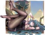  1girl armpits bangs bracelet breasts cleopatra_(fate/grand_order) earrings fate/grand_order fate_(series) feet green_eyes green_hair hairband hoop_earrings jewelry large_breasts legs legs_up long_hair looking_at_viewer lying necklace on_back pantyhose parted_lips pinkjoe ring shorts smile soles solo very_long_hair 