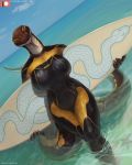  adria_(adleisio) anthro beach clothing curvaceous female hi_res looking_at_viewer outside partially_submerged reptile scalie seaside snake solo surfboard swimsuit tongue tongue_out totesfleisch8 walking 
