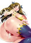  1girl aftersex alternate_breast_size bare_shoulders blush breasts brown_eyes brown_hair censored cleavage cum cum_in_pussy curvy ear_piercing earrings erect_nipples eyelashes fate/grand_order fate/stay_night fate_(series) female hair_ornament highres hoop_earrings ishtar_(fate/grand_order) jewelry large_breasts long_hair looking_at_viewer looking_back lying mozu-k open_mouth piercing pose shiny shiny_skin solo tohsaka_rin wide_hips 