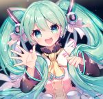  1girl :d aqua_eyes aqua_hair artist_name bangs blush clenched_hand clip dark_background detached_sleeves hair_ribbon hatsune_miku headset long_hair long_sleeves looking_at_viewer mizumori_(xcllcx) neckerchief open_mouth ribbon shirt smile solo twintails upper_body very_long_hair vocaloid waving white_ribbon yellow_neckwear 