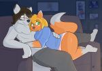  2017 anthro blonde_hair breasts brown_hair canid canine clothed clothing duo eyewear female fox fur glasses green_eyes grey_fur hair hug inside joe_(skaii-flow) kilinah konykon male male/female mammal married neck_tuft orange_fur romantic_couple sitting smile sofa tilki_(vaporjay) topless tuft yellow_eyes 