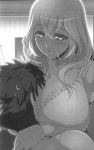  1boy 1girl age_difference between_breasts breast_smother breasts greyscale head_between_breasts hundred large_breasts long_hair looking_at_another monochrome novel_illustration official_art ookuma_(nitroplus) serbia_notredame_paulo_iii smile smother 
