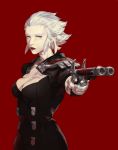  1girl aiming breasts cleavage double_barrels epaulettes eyelashes fajyobore323 final_fantasy final_fantasy_xiv gun handgun lipstick makeup medium_breasts merlwyb_bloefhiswyn pale_skin red_background roegadyn short_hair silver_eyes weapon white_hair 