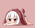  1girl bangs barefoot blush brown_background chibi commentary_request eyebrows_visible_through_hair hair_between_eyes hana_kazari living_clothes long_hair lying nude on_stomach original outstretched_arms red_eyes shadow shokushu-chan solo tentacle white_hair 