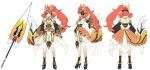 1girl alternate_hairstyle amou_kanade animal_ears bare_back black_footwear breasts character_sheet cleavage detached_sleeves fake_animal_ears fox_ears fox_tail from_behind full_body high_heels high_ponytail lance long_hair official_art platform_footwear platform_heels polearm ponytail profile red_hair senki_zesshou_symphogear senki_zesshou_symphogear_xd_unlimited simple_background smile solo tail weapon white_background 