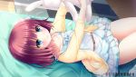  1girl 2017 bangs blue_eyes blue_ribbon blue_shirt blush breasts brown_hair brown_jacket cameltoe closed_mouth collarbone commentary_request dutch_angle eyebrows_visible_through_hair flower hair_flower hair_ornament hair_ribbon holding holding_stuffed_animal indoors jacket long_sleeves looking_away lying no_shoes off-shoulder_shirt off_shoulder on_back on_bed open_clothes open_jacket original outstretched_arms panties pleated_skirt polka_dot polka_dot_panties ribbon shirt shiwasu_horio skirt small_breasts smile socks solo stuffed_animal stuffed_bunny stuffed_toy underwear watermark white_legwear white_panties white_skirt wooden_floor 