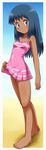  1girl awa blue_hair blush dark_skin flat_chest highres hikari_(pokemon) legs loli long_hair long_image nintendo pokemon pokemon_(anime) smile solo swimsuit tall_image tan tanned 